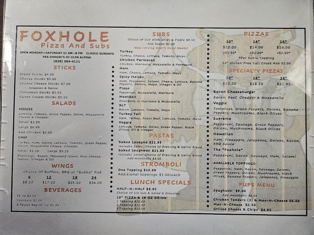 Foxhole Pizza and Subs Menu image 1